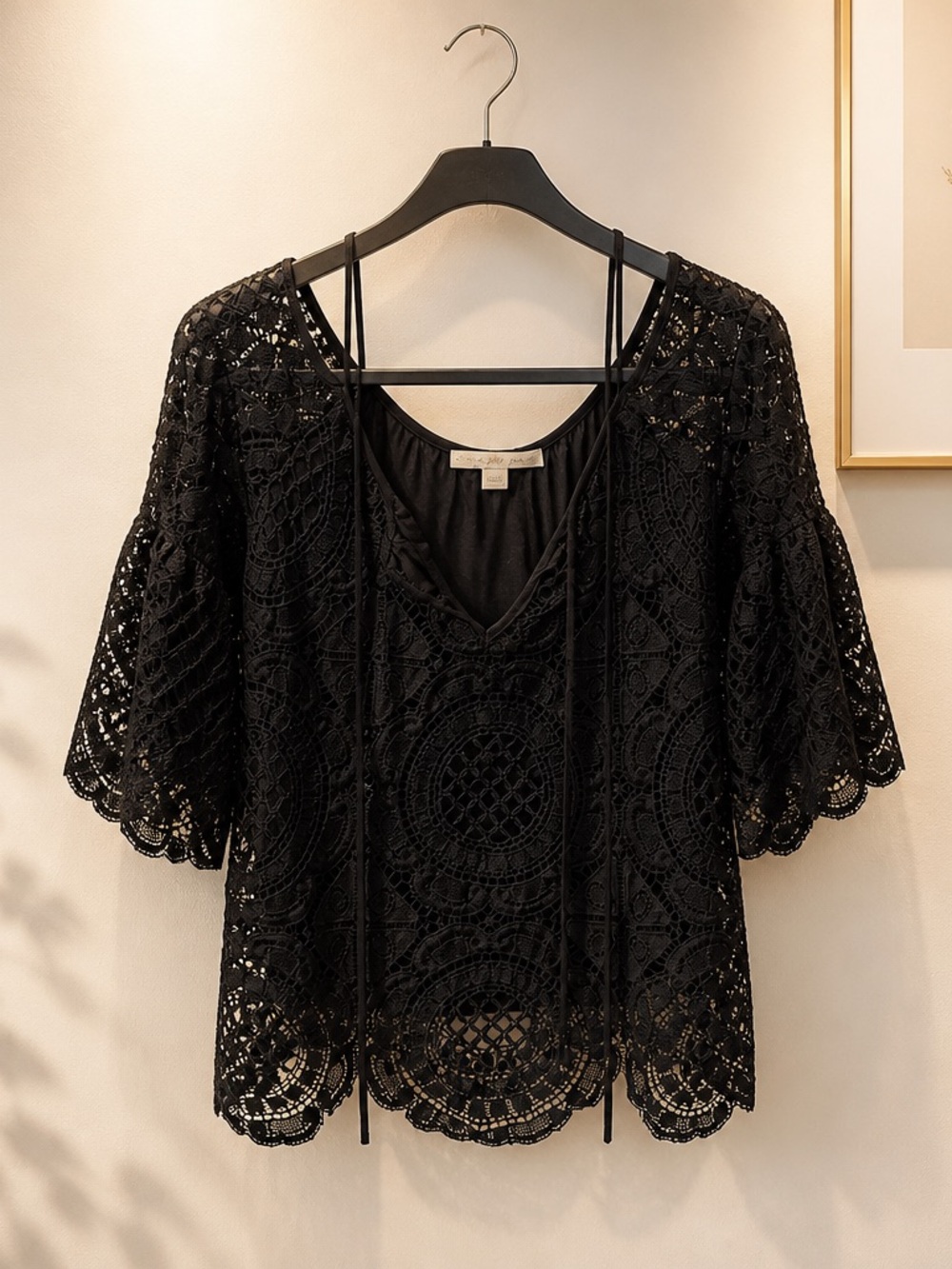 Boston Proper Black Crochet Lace Peasant Blouse with Tie Neck